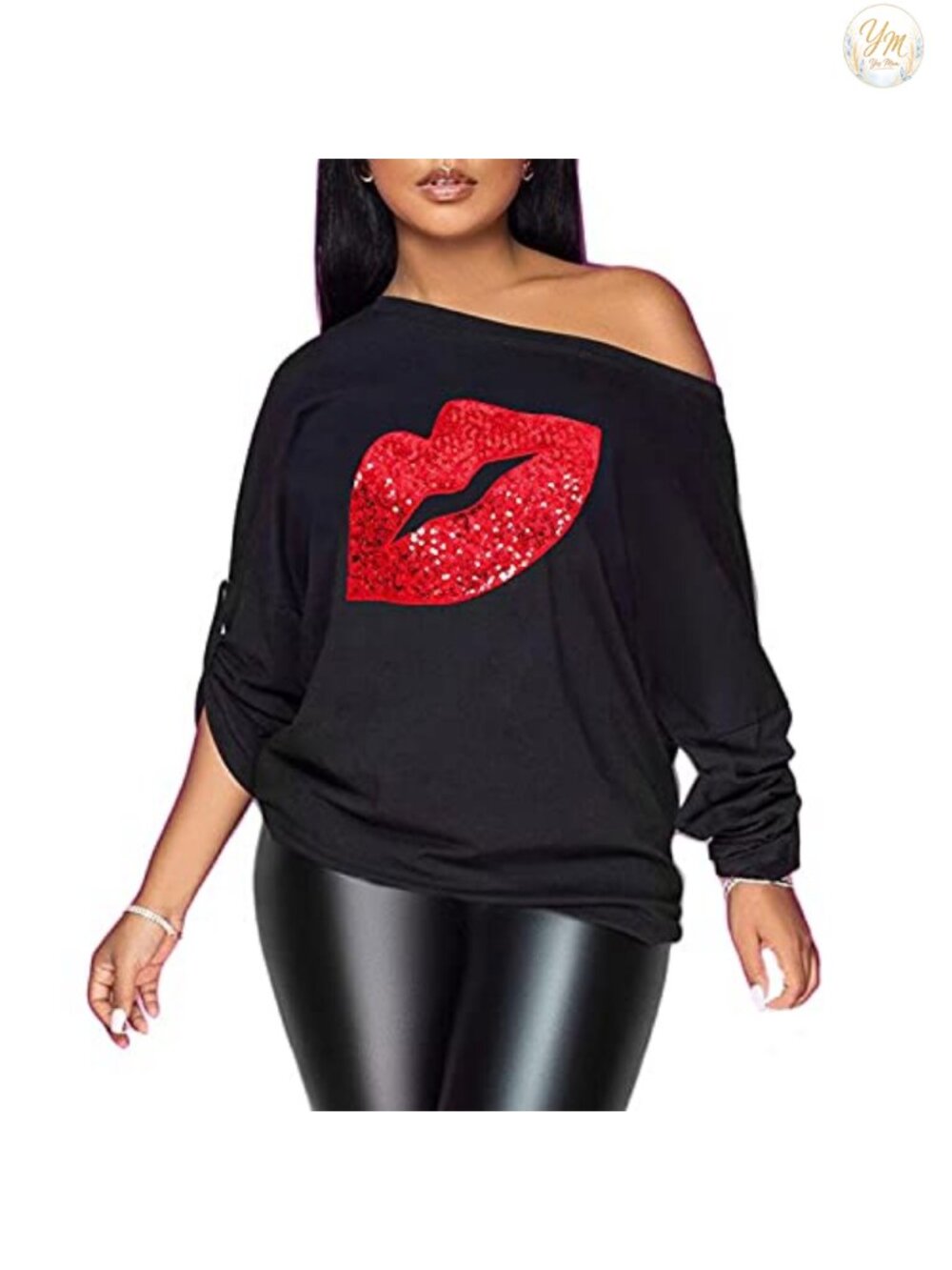 Off The Shoulder Metallic Sequin Top Long Sleeve Blouse